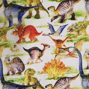 Dinosaurs Fabric 100% Cotton Material By Metre Prehistoric Animal T-Rex Stegosaurus Triceratops Raptors Colourful