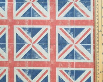 May include: Fabric with a repeating pattern of the Union Jack flag. The design features blue, red, and white elements, with a distressed, vintage aesthetic. The background is a faded red, and the flags are in squares.