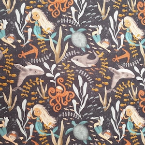 Mermaid fabric UK 100% Cotton Material By Metre Patchwork Ocean Sea animals Turtles Whales Shark Octopus Anchor Kelp Scuba diving