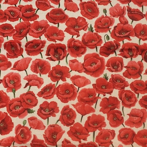 Poppy fabric UK Fat Quarter 20&quot; x 22&quot; or 50cm x 56cm 100% Cotton material flowers red floral White Background