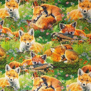 May include: A repeating pattern of orange and white foxes sleeping in a field of green grass and colorful flowers.