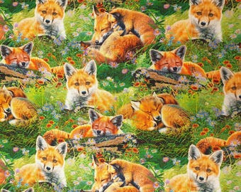 Tela Sleeping Foxes Reino Unido 100% algodón Material Fat Quarter Patchwork animales bosque hierba flores troncos cachorros soñoliento somnoliento dócil