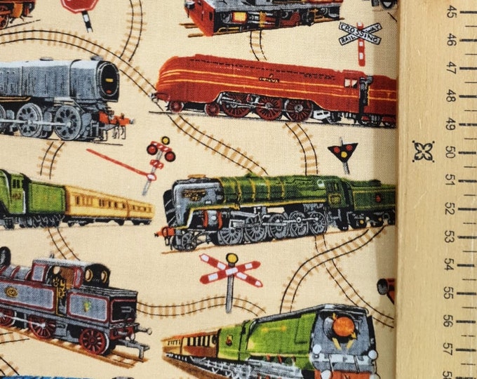 Trains Fabric UK 100 Cotton Material by Metre Railways Rail