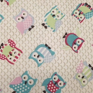 Owl fabric UK 100% Cotton Material Fat quarter Patchwork stripes Spots Birds Wild Forest animals Flying Feathers Colourful Multi-coloured