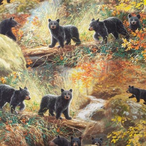 May include: A fabric print featuring multiple black bears in a forest setting. The bears are depicted in various poses amidst autumn foliage, including yellow, orange, and green leaves. The scene includes a stream and fallen logs.