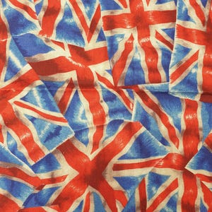 May include: A fabric pattern featuring a repeating design of the Union Jack, the national flag of the United Kingdom. The design incorporates the red, white, and blue colors of the flag, creating a patriotic and eye-catching visual.