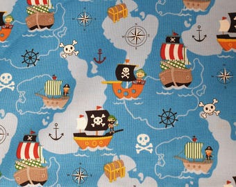 Pirates fabric UK 100% Cotton Material By Metre Patchwork Pirate ships Sea Ocean Maps Compass Anchor Steering Wheel Treasure Anchor Skulls
