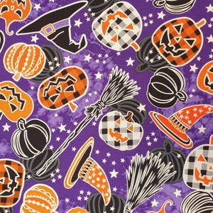 May include: A Halloween fabric design on a purple background with white stars. The pattern includes orange jack-o'-lanterns, black pumpkins, witch hats, and brooms. Some pumpkins have a black and orange checked pattern.
