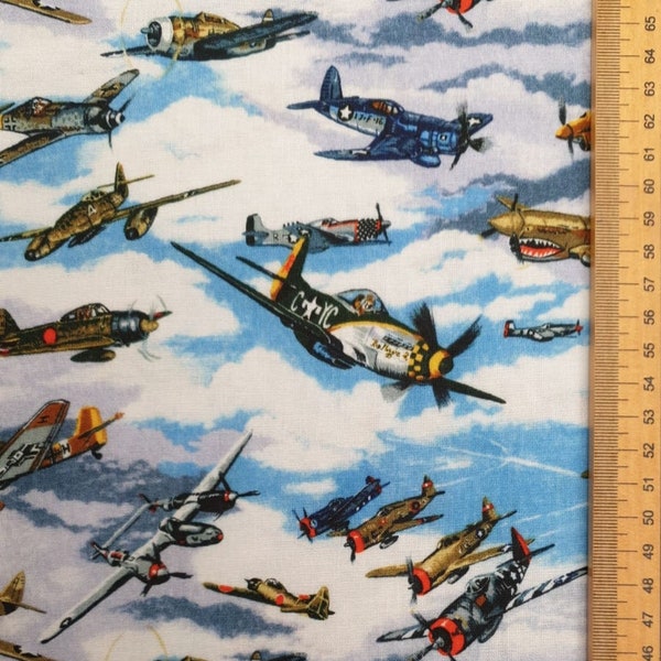 War Planes Fabric uk 100% Cotton Material By Metre birds jets fighters air force enemy lines mission flying pilots air men