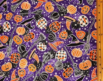 Halloween Fabric UK 100% Cotton Material Fat Quarter Patchwork Pumpkins Ghosts Bats Haunted Farm Theme Orange Black Purple