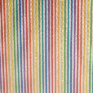 May include: A fabric with vertical stripes in a rainbow pattern. The stripes are in the following order: red, orange, yellow, green, blue, indigo, and violet.
