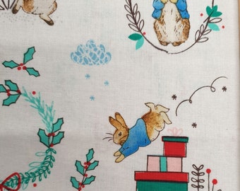 Peter Rabbit fabric UK 100% Cotton Material By Metre Christmas animal white background Cushions Bags Bunting