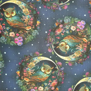 Owl night garden fabric UK Fat Quarter 20&quot; x 22&quot; or 50cm x 56cm 100% Cotton birds flowers floral themed