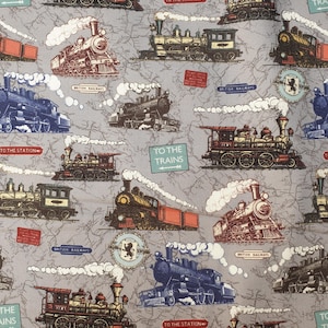 Trains fabric UK 100% Cotton Material By Metre Patchwork railroad railway station coach british vintage locomotive vehicle steam engine