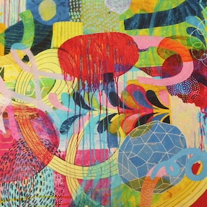 May include: A vibrant abstract painting on canvas featuring a chaotic mix of bright colours including red, yellow, blue, and pink. The composition includes layered geometric shapes, swirling lines, organic leaf-like forms, and vertical paint drips.