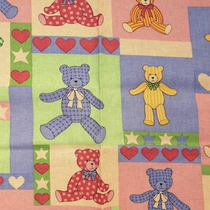 Teddy Bear fabric UK 100% Cotton Material Fat quarter Patchwork animals Colourful Multi-coloured Hearts Stars Squares Striped Spots Diamonds