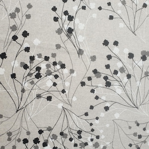 May include: A grey linen fabric with a repeating pattern of black and white stylised floral sprigs.