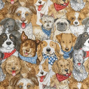 May include: A colourful illustration of a variety of dogs wearing bandanas. The dogs are all different breeds and sizes, and they are all looking at the viewer. The background is a light brown colour.