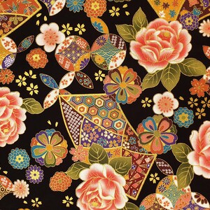 May include: A detailed pattern with large, coral peony flowers, floral and geometric designs, and fan-shaped elements on a black background. The design incorporates gold accents and a variety of colours.
