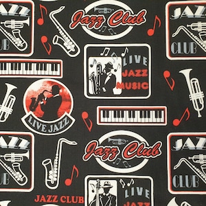 May include: Black and white fabric with a repeating pattern of musical instruments, musical notes, and the text "Jazz Club" and "Live Jazz".