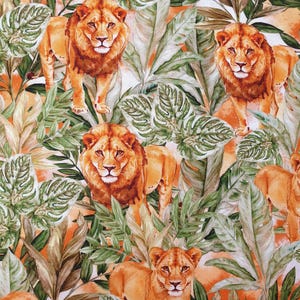 Puede incluir: Un patrón de tela con múltiples leones y leonas en medio de un exuberante follaje tropical verde y marrón. Los leones tienen pelaje naranja y están en varias poses. El fondo es una mezcla de naranja y blanco.