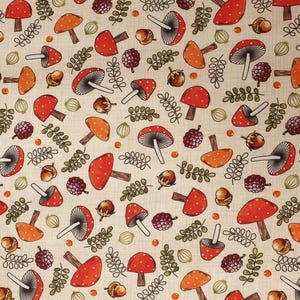 Mushroom fabric UK Fat Quarter 20" x 22" or 50cm x 56cm 100% Cotton woodland theme Rasberry berries nuts nature trail acorns onions leafs