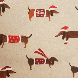 Dachshund upholstered fabric UK 80% Cotton 20 Polycotton Material By Metre Patchwork dogs christmas festive holiday hat spots triangle heart