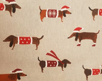 Dachshund upholstered fabric UK 80% Cotton 20 Polycotton Material By Metre Patchwork dogs christmas festive holiday hat spots triangle heart