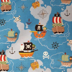 Pirates fabric UK 100% Cotton Material Fat quarter Patchwork Pirate ships Sea Oceans Maps Anchors Steering Wheels Skull Bones Treasure