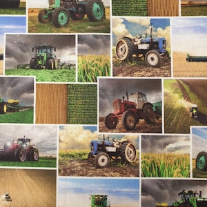 May include: A fabric print featuring a collage of various farm scenes, including green, blue, and red tractors, combine harvesters, golden wheat fields, and rows of green crops under cloudy and sunny skies in a multi-panel grid layout.