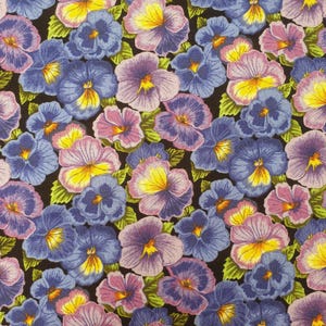 Floral Purple fabric UK 100% Cotton Material Piece Patchwork Field Flowers Plants Nature yellow Green Blue Petals Black background