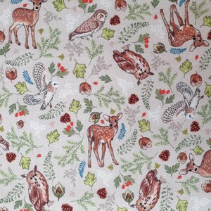 Owl Deer fabric UK 100% Cotton Material By Metre Patchwork Wild animals Leafs Pinecone Acorn Doe Berries