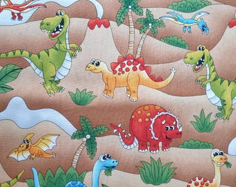 Funny Dinosaurs fabric UK 100% Cotton Material By Metre Patchwork T-rex Triceratops Bronchiosaurus Stegosaurus Pterodactyl Volcano Trees