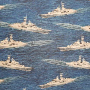 May include: A photograph of a fleet of warships sailing in formation on a blue sea. The ships are all white and have a similar design.
