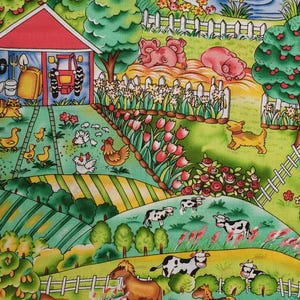 Farming animals fabric UK Fat Quarter 18&quot; x 22&quot; 100% Cotton Material Cows Pigs Ducks Horse Trees Barn Dogs Cats Flowers Chickens Sheep