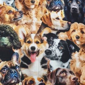 May include: A fabric pattern featuring a collage of various dog breeds, including golden retrievers, corgis, and bulldogs. The dogs have different fur colors, from light tan to black, and are arranged closely together, creating a dense, textured design.