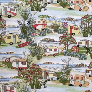 Tissu pour caravanes Royaume-Uni 100 % coton Au mètre près de la mer Soleil rétro plage Vacances Patchwork Coussins Sacs Bunting