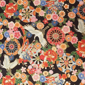 May include: A black background is covered with a colorful floral pattern. The design includes orange, pink, and blue flowers, along with white cranes and decorative wheels. The overall theme is a traditional Japanese design.