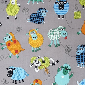 Tela divertida de ovejas, 100 % algodón, Reino Unido, por metro, animales de granja, campos, lana enredada, tejido, lazos, estrellas, patchwork, cojines, bolsos, banderines