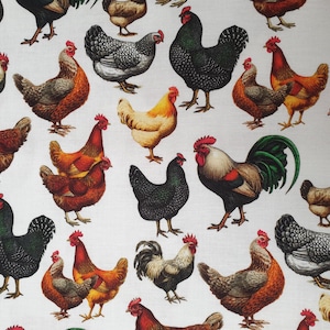 May include: A white fabric featuring a repeating pattern of various chicken breeds in shades of brown, black, gray, and yellow. The chickens are depicted in a detailed, illustrative style, with red combs and wattles.