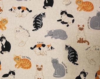 Cat fabric UK Fat Quarter 20" x 22" or 50cm x 56cm 80% Cotton 20 Linen animals Material pets crafts cushions bags beige