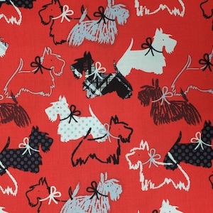 Red Scottie Dogs fabric UK 100% Cotton Material Fat quarter Patchwork animals pets Scottish Terrier Dots Flannel Hatching Pattern Bows