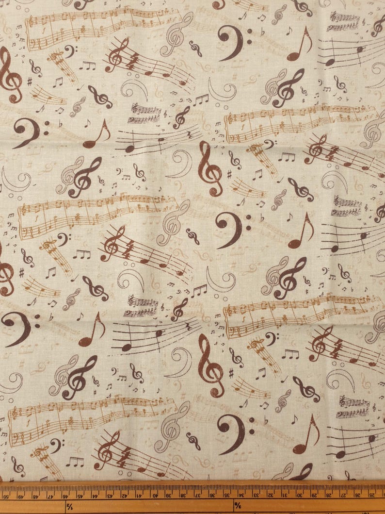 Music Notes Fabric UK 100% Cotton Material Fat Quarter Patchwork Brown ...