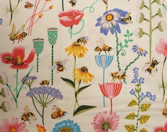 Bumble bee Haven Fabric 100% Cotton Material Metre Friends Patchwork Cushions Bags Bunting Bee-hive Beehive Bumble bee Floral Flowers Buzz