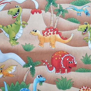 Funny dinosaur fabric UK 100% Cotton Material Fat quarter Patchwork T-rex Triceratops Pterodactyl Stegosaurus Bronchiosaurus Volcano