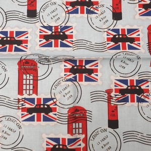 London Themed fabric UK 100% Cotton Material Fat quarter Patchwork Red Mailbox Phone Box Taxi British Union Jack Stamps