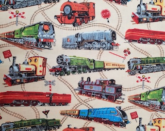 Trains fabric UK 100% Cotton Material By Metre railways rail locomotives Patchwork Cushions Bags Bunting