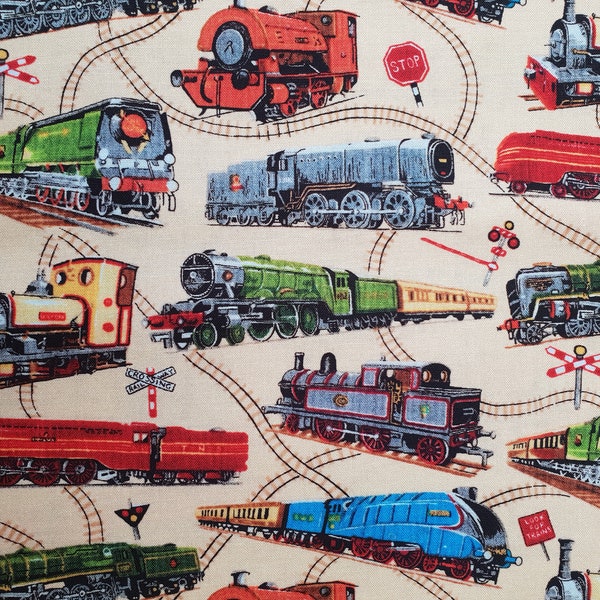 Trains fabric UK 100% Cotton Material By Metre railways rail locomotives Patchwork Cushions Bags Bunting