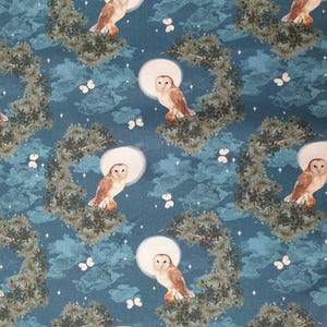 Owl fabric UK 100% Cotton Material Fat quarter Patchwork Animals Woodland Wonder Bird Moon Night Twigs Branches Leafs Trees Clouds Butterfly