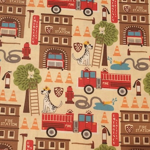 Fire Station fabric UK 100% Cotton Material Fat quarter Patchwork Fire Fighter Fire Truck Hose Axe Traffic Cone Fire Extinguisher Dalmation